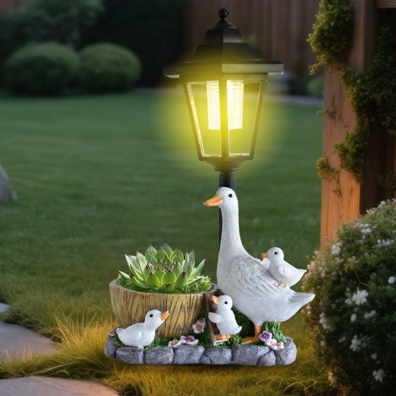 Solar Powered Resin Duck Planter Statue Outdoor Garden Light Decor Yard Patio Lawn Night Illumination