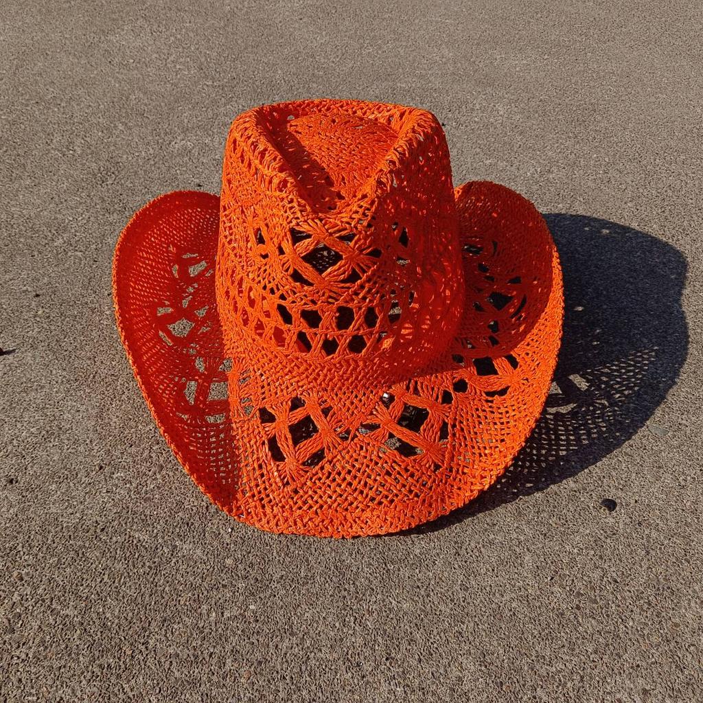 Hand Woven Panama Straw Cowboy Hat Bohemian Beach Sun Hat UV Protection Windproof Cowboy Straw Hat