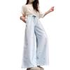 Women Pants Light Blue White Vertical Stripes Loose Straight Cut Long Trousers Bow Print Adjustable Drawstring High Waist Elastic Waistband