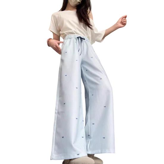 

Women Pants Light Blue White Vertical Stripes Loose Straight Cut Long Trousers Bow Print Adjustable Drawstring High Waist Elastic Waistband Casual M синій