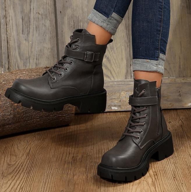 Fashion Belt Buckle Platform Combat Boots Women Chunky Heels Lace Up Ankle Boots Woman Side Zipper PU Leather Short Booties Plus Size 43 39 4656₽