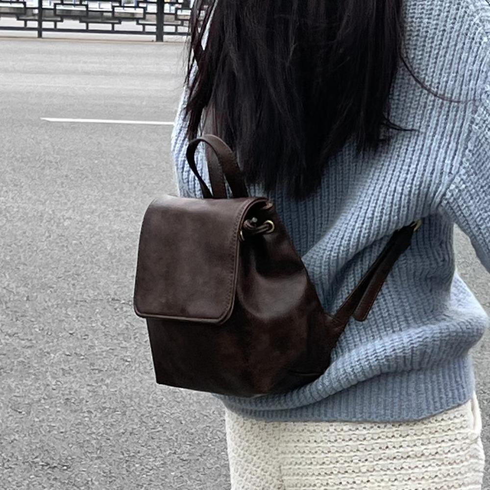 Korean Style School Book Back Solid Color Women Shoulder Bag Drawstring Flap Backpack for Students