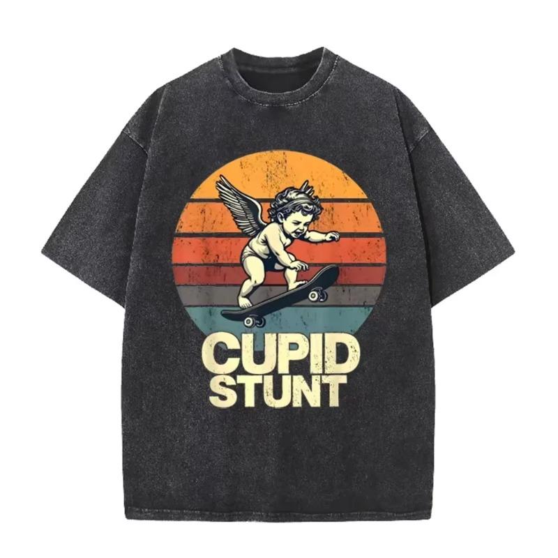 T-shirt Oversize Délavé Acide Graphique Skate Rétro Beige « Cupid Stunt »