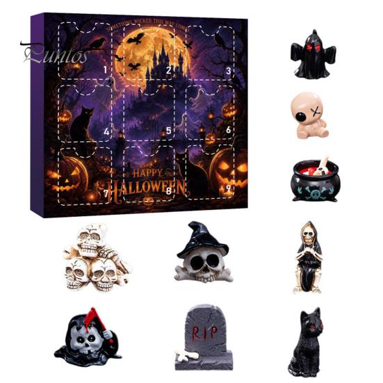 Halloween Home Table Decor Advent Calendar with 9 Mini Resin Figures, Day Spooky Countdown Decorative Figures for Windows To Calendar, Surprise