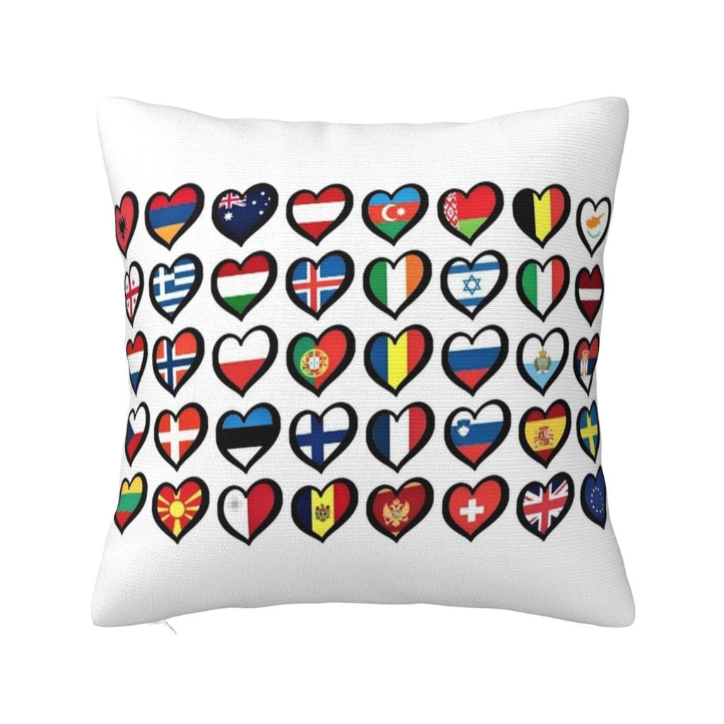 Concours Eurovision de la Chanson Drapeaux Cœurs Esc Ebu Eurofans Taie d'Oreiller Housse de Coussin Musical Décoration Taie d'Oreiller Pour Voiture 45X45Cm
