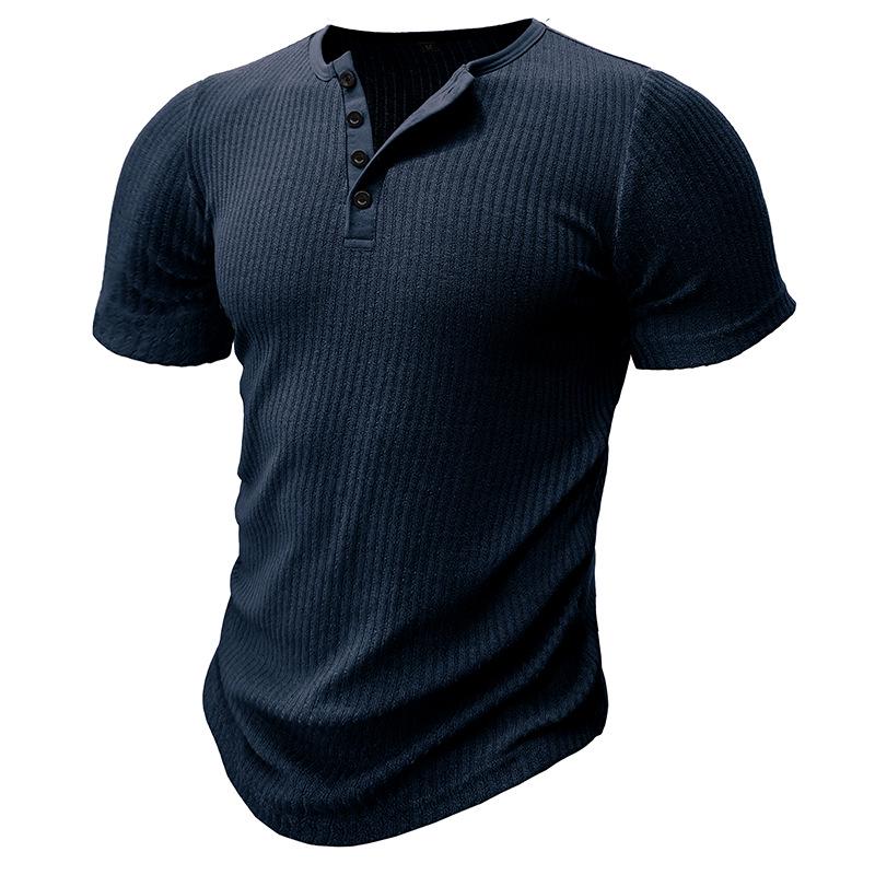 Pánské tričko Henley slim fit: Evropský a americký sportovní styl, Žebrovaný, Elastický, Krátký rukáv, Jednobarevný