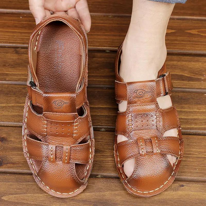 Fashion Genuine Leather Men's Sandal Outdoor Beach Breathable Trend 2025 Number 41 Luxury Summer Expensives Wholesale Non-slip Male Shoe