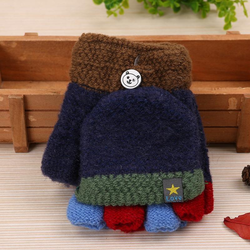 New Children's Thermal Writing Gloves Autumn and Winter Thickened Flip Color Matching Wool Finger Knitted Student Gloves Women