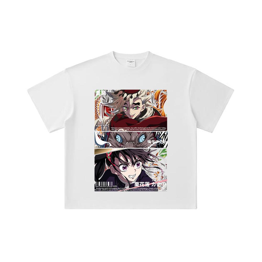 260 GSM Double Yarn 32 Count 100% Cotton Demon Slayer V30 Kanao X Doma White Print Unisex Heavy Cotton T Shirt