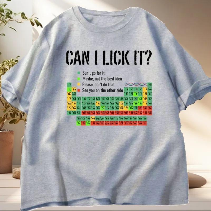 Oversized Short-Sleeve T-Shirt Featuring Humorous "CAN I LICK IT?" Typography, a Color-Coded Periodic Table of Elements with Safety Level Annotations