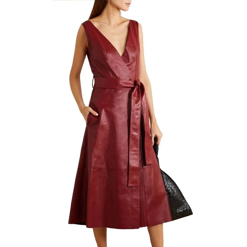 Women s Dress Real Lambskin Leather Red Stylish Elegant Handmade Genuine Fit S красный