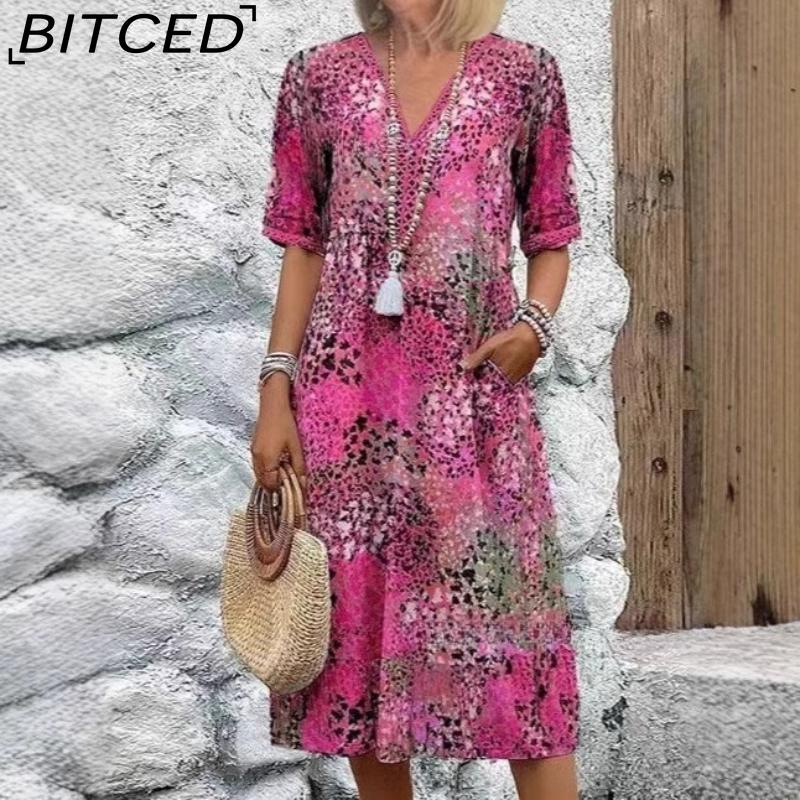 BITCED Printed Summer V-Neck Casual Resort Pocket Dress Loungewear