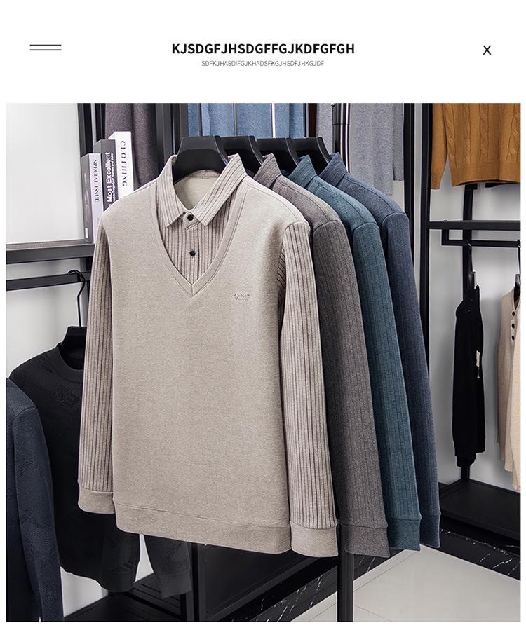 Men's Winter Turn-Down Collar Wool Sweater with Mulberry Silk & Velvet Lining - Warm Knitted Two-Piece Look