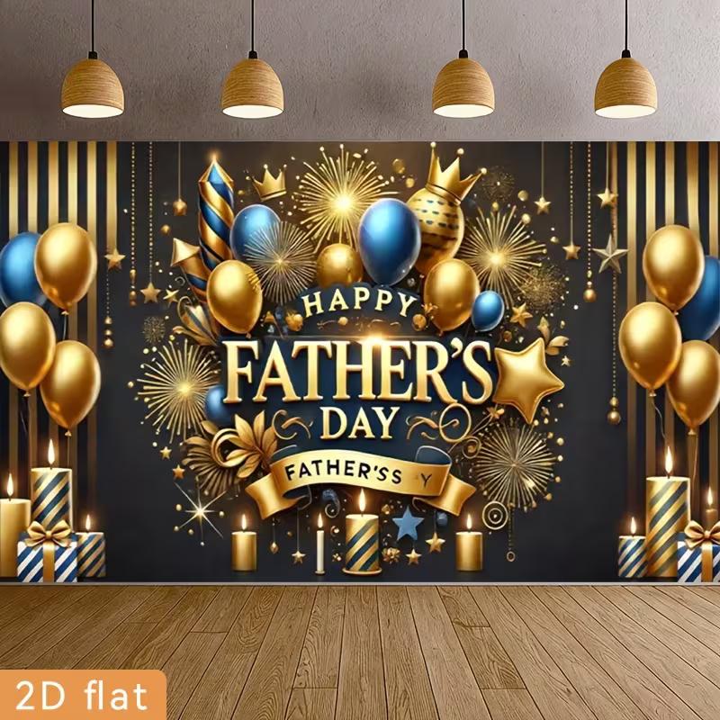 Happy Father's Day Backdrop, Black and Gold with Balloons, Candles and Fireworks for Father's Day Party