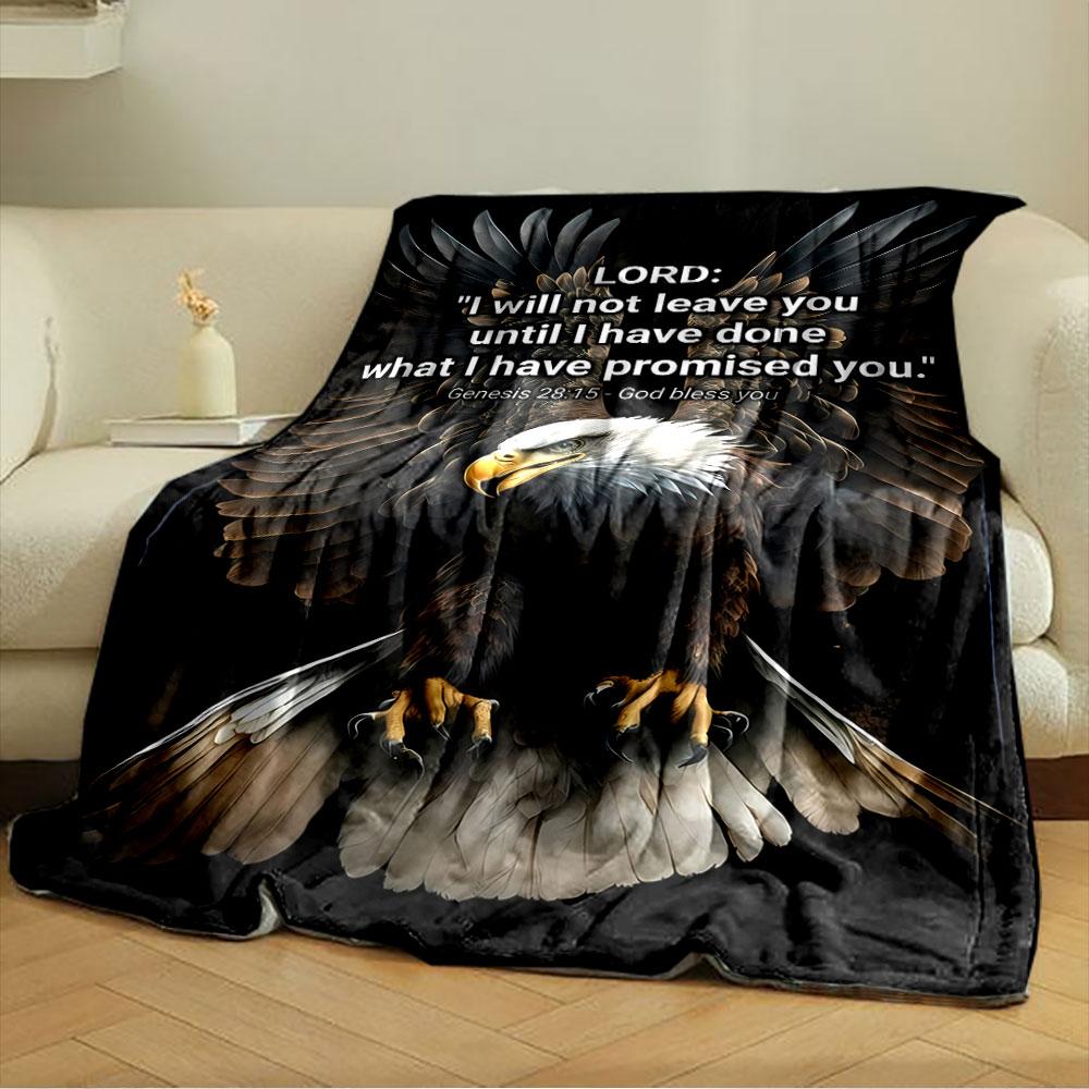 A majestic eagle with outstretched wings and a biblical verse overlay. for all seasons blanket lunch break throw gift
