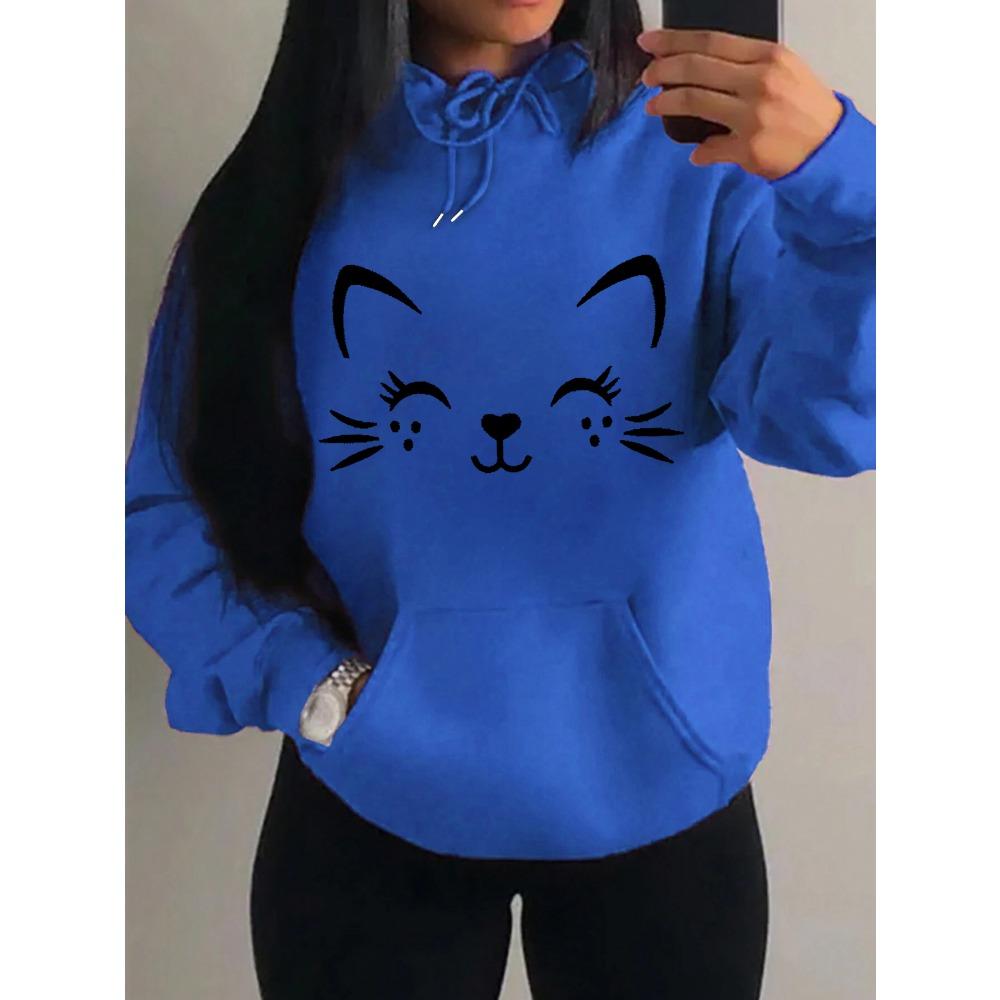 Simple Word Cat Smile Pattern Women Hoodies Fashion Casual Streetwear Personality Hoodie Trendy Fleece Pulloverar