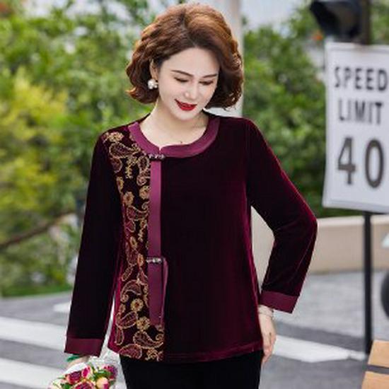 

2026 Spring/Autumn Plus Size Long-Sleeved T-shirt for Middle-Aged Women: Stylish Base Layer 5XL вина червоного кольору