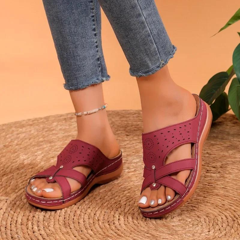 Fashion 2024 Hot Sale Shoes Female Open Toe Women Slippers Summer Rome Hollow Solid Outdoor Casual Beach Wedge Heel Large Size Slippers
