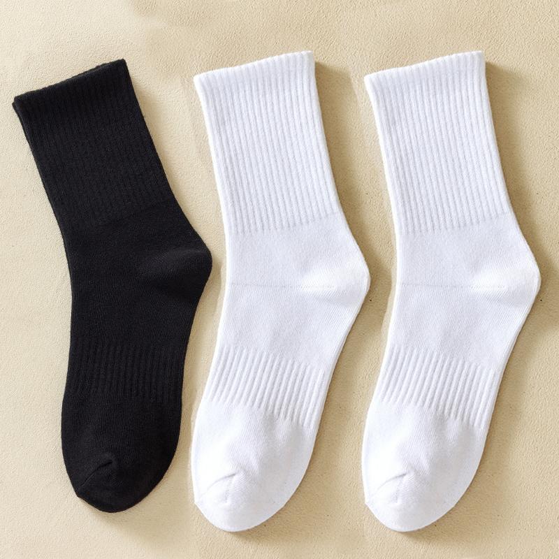 Soild Cotton Sports Socks Mid Calf Black White Stockings Soft Breathable Athletic Socks Soft Comfortable Solid Hosiery