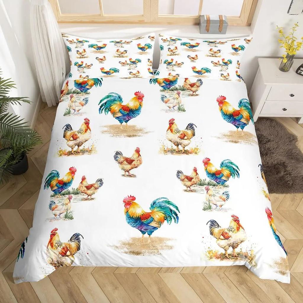 Cute Chicken Duvet Cover King Queen Colorful Rooster Bedding Collection Farm Animal Comforter Cover Funny Rustic Farmhouse Quilt Cover