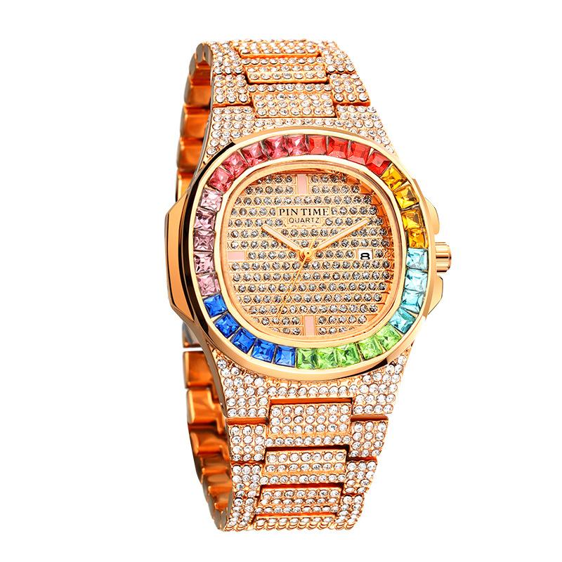 Men Colorful Diamond Quartz Watches Luxury Gold Silver Big Dial Male Wristwatch Sport Business Clock Relogio Masculino