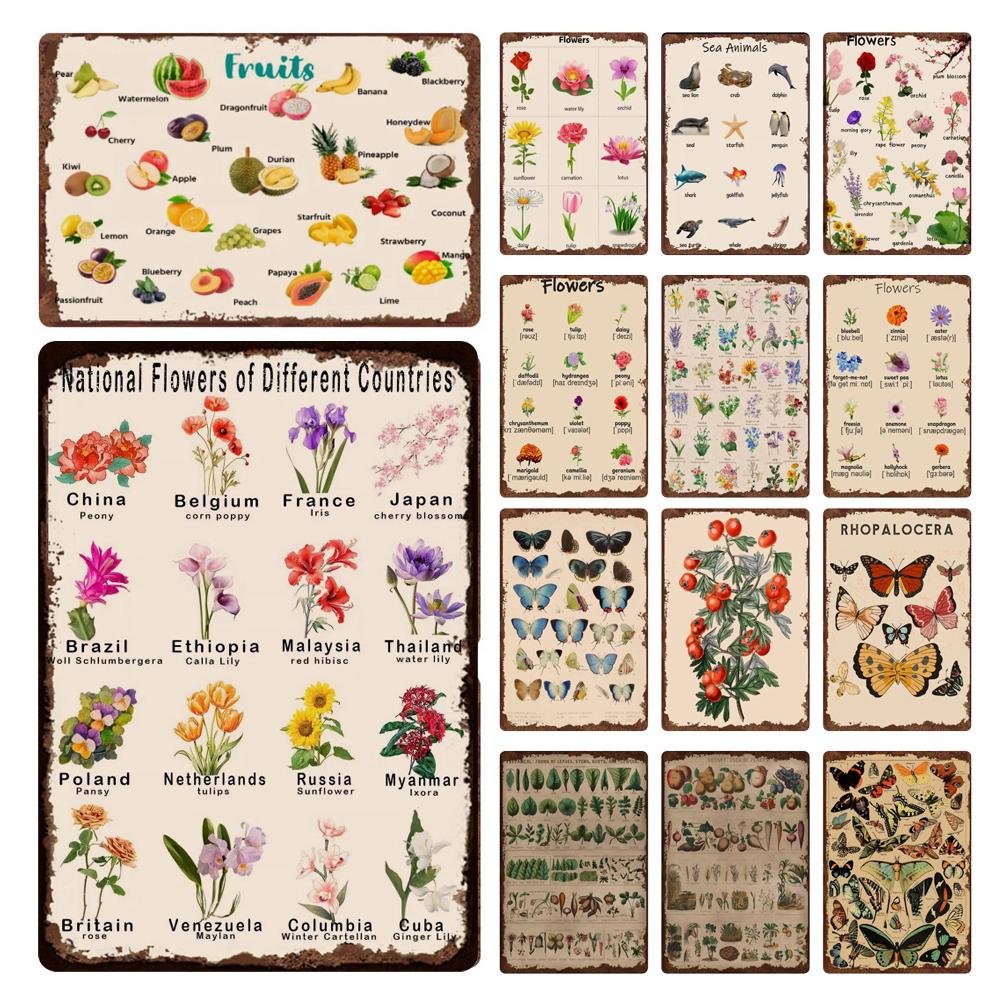 Funny Plants Metal Tin Sign Vintage English Flowers Retro Fruits Butterflys Animals Wall Poster Home Plates WY