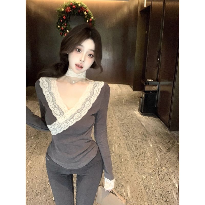 Kumikumi Pure Desire Wind Lace Stitching Sexy Temperament Long Sleeve T-shirt Female Fall Slim Fit Slim Fit Versatile Top