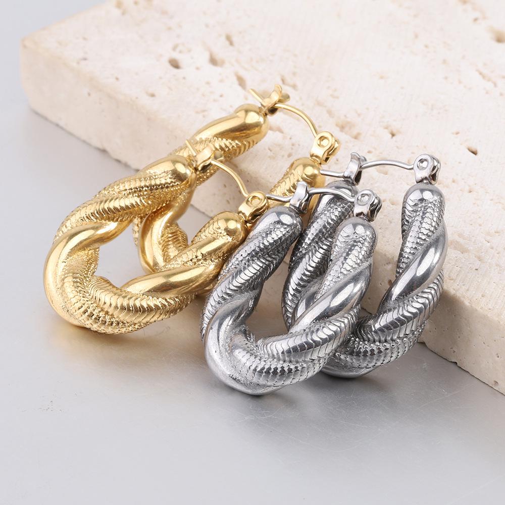 New Irregular Twist Snake Chain Double Layer 14K Gold Fashion Stainless Steel Earrings