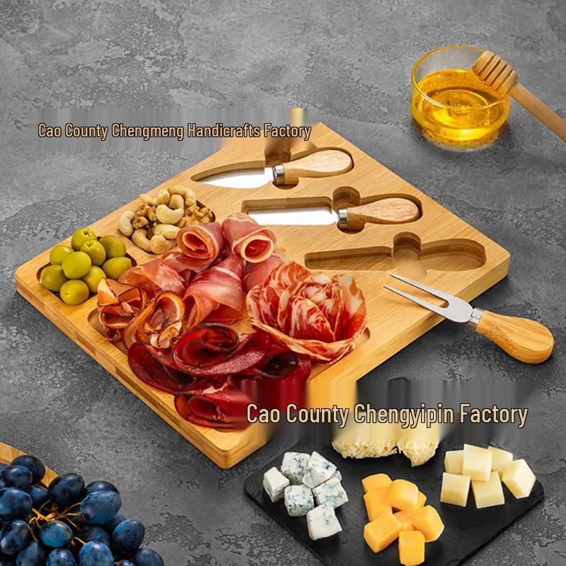 Bamboo Cheese Board Set with Knife, Fork, and Slate Steak Plate