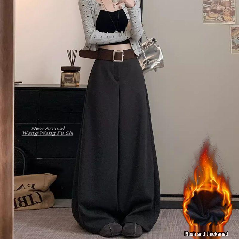 Women s High Waist Velvet Thick Wide-Leg Pants: Autumn/Winter Casual Wool Flannel with Tag S [Recommended 85-100 lbs]