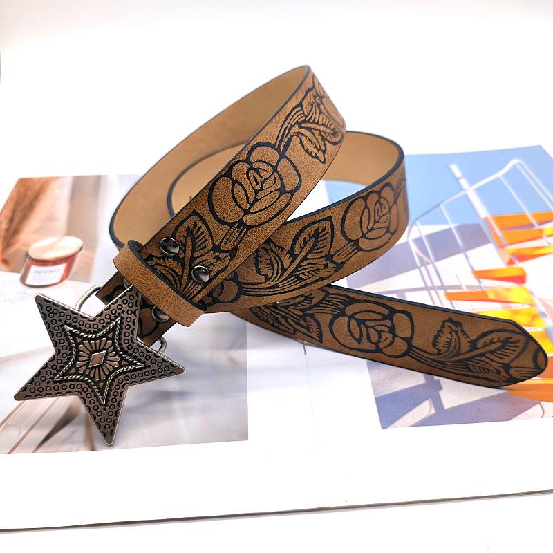 American Retro Western Style Star Embossed Belt Niche Design Spice Girl Vintage Brown Belt