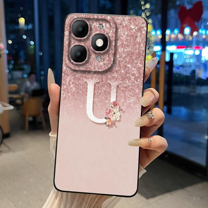 Fashion Design Initial Letter With Flower Pattern Phone Case For Itel A90 Soft Silicone Anti-scratch Black Couple Casing