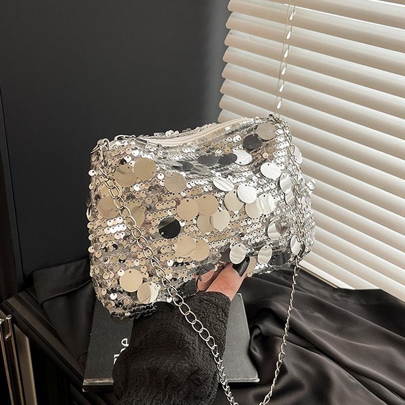 Sequin Evening Party Shoulder Bags For Women Lightweight Portable Ladies Chain Crossbody Bag Solid Color Casual Female Handbag