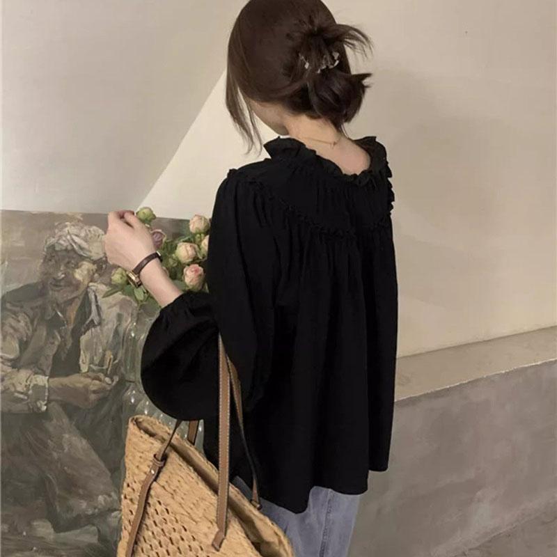 French Style Retro Puff Sleeve Blouse Women Korean Fashion Spliced Ruffles Chiffon Shirt Ladies Elegant Chic Design Shirts