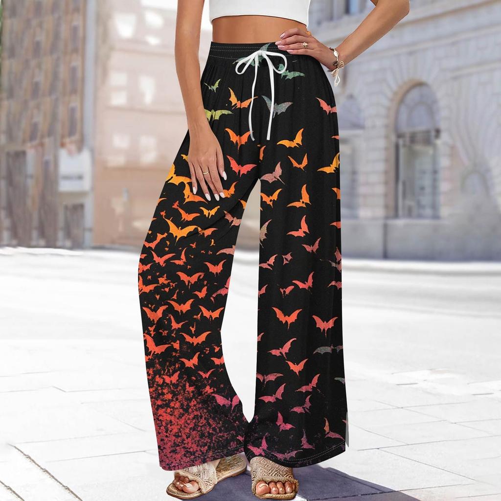 Women's Printed Wide Leg Pants With Pockets High Waist Drawstring Loose Casual Pants