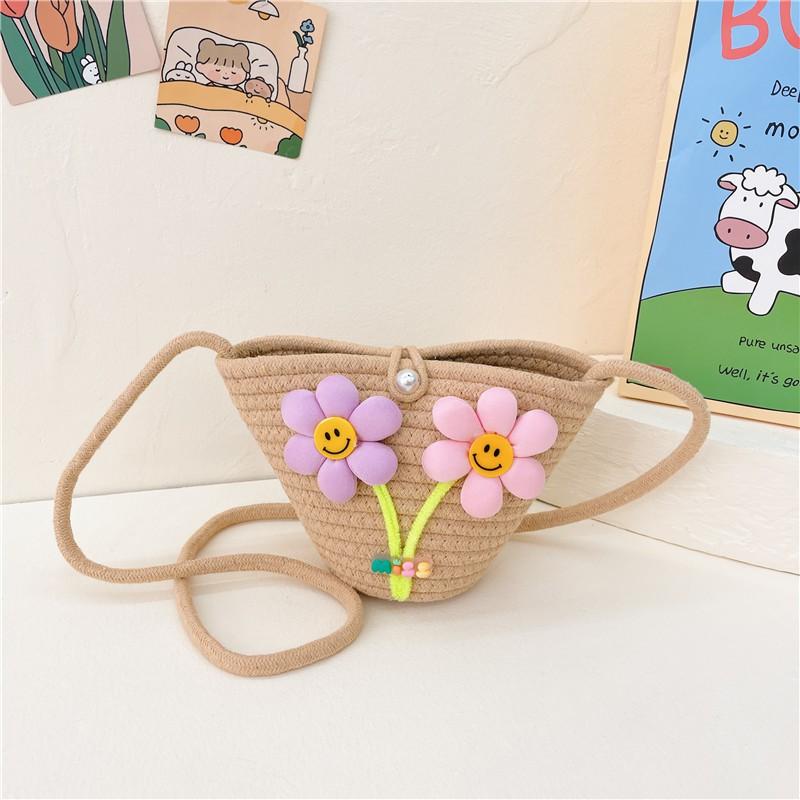 

New Straw Woven Bag Korean Ins Children s Flower Cross-body Women s Change Purse
