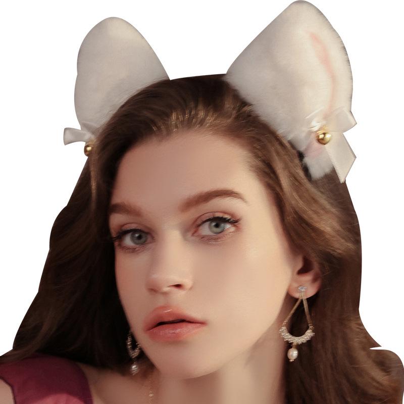 Rose Plush Cat Ears Headband with Bow and Bell - Women's Hair Accessory