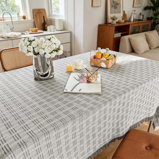 French Grid Tablecloth, Checkered Woven Table Cover for Dining Table, Rectangular Round Desk Mat for Coffee Table Nightstand, Home Decor