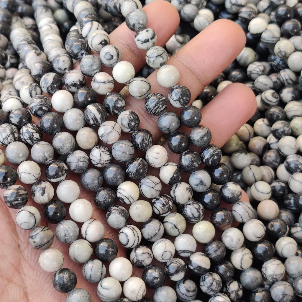 Size 6 MM 8 MM 10 MM Size, Genuine Natural Polish Stone Web Jasper Gemstone Beads, Black Round Loose Beads.