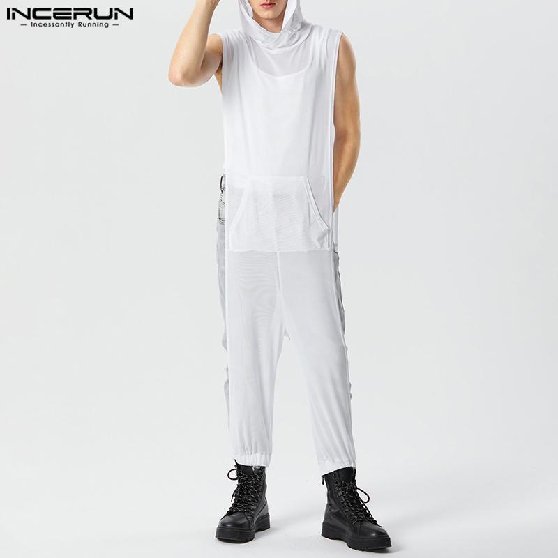 

INCERUN мужские комбинезоны без рукавов с капюшоном, сетчатые прозрачные боди