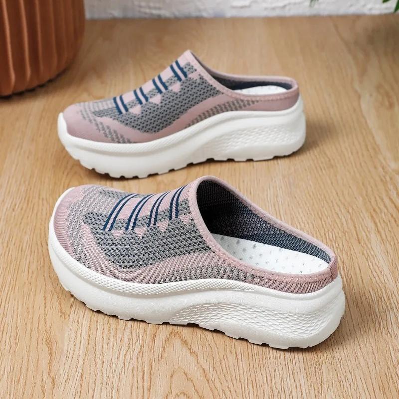 Knitted Mesh Walking Shoes Women Fashion Thick Sole Slippers Lightweight Soft Casual Footwear for Traveling Height-increasing