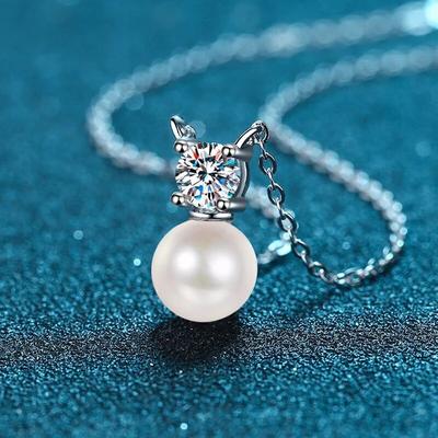 Colier cu perle moissanite reale de culoare D de 0,5 ct pentru femei nunta clasic din argint S925 pandantiv cu perle de 8 mm de apă dulce naturală