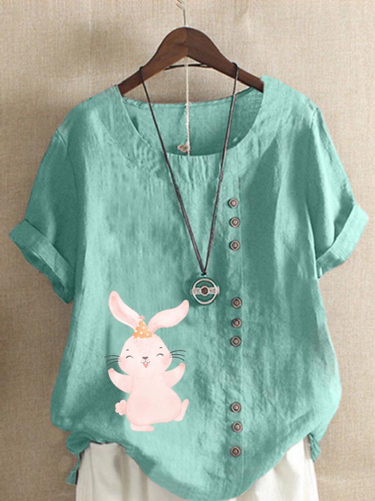 Women's Fashion Cute Rabbit Print Shot Sleeve T-shirt Loose Cotton Shirt Casual Loose Summer Blouse Tops Plus Size