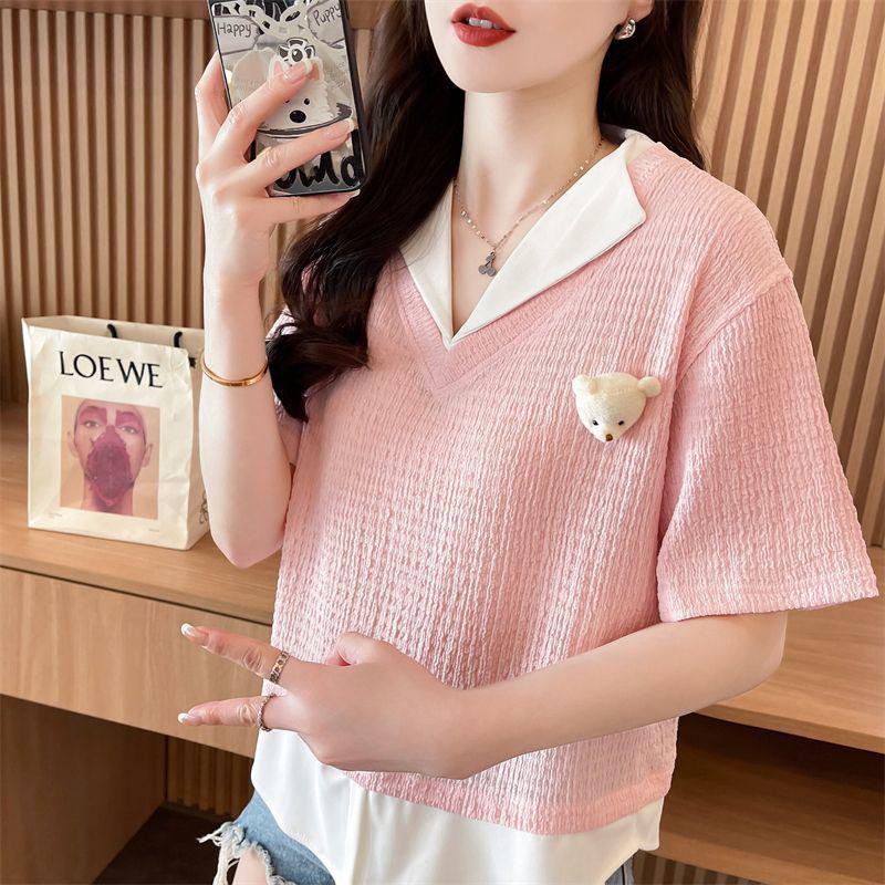 

2026 Summer Women s Loose Fit Little Bear Color Block T-Shirt, Korean Style, Plus Size, Fake Two-Piece Short Sleeve. L розовый