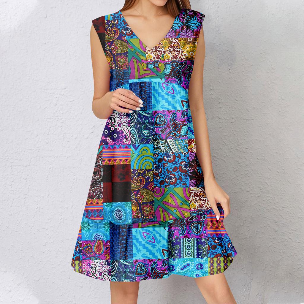 Womens Summer Dress Sleeveless V Neck Printing Short Dresses Fashion Casual Flowy Boho Ruffle A Line Swing Sundress