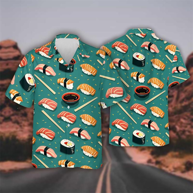 Delicious Sushi Shrimp Graphic Female Beach Shirts Hip Hop Hawaiian Rice Balls Lapel Blouse Fast Food Bento Shirt For Men Tops