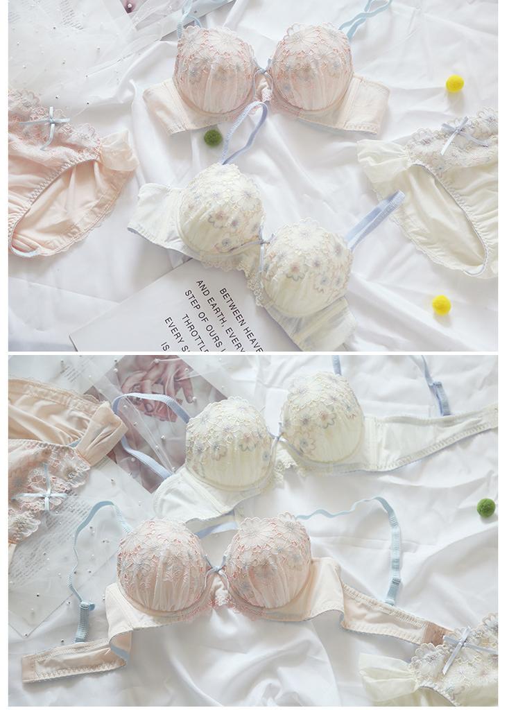 No Steel Rim Japanese Gathering Girl Bra Sweet and Cute Mesh Embroidery Breathable Thin Women's Underwear Bra