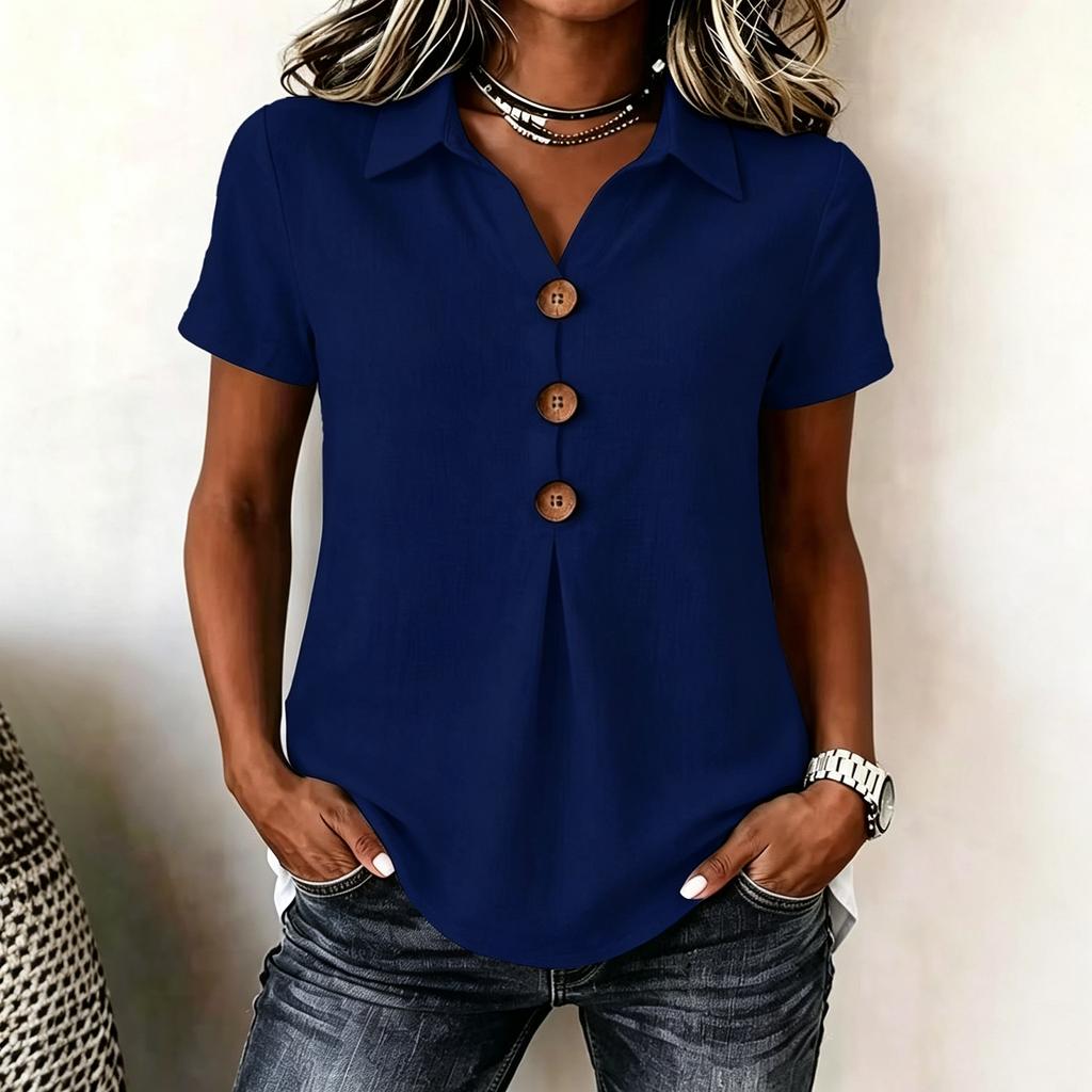 Women's Casual V Neck Button Front Shirt Short Sleeve Collared Blouse Lightweight Loose Fit Summer Top