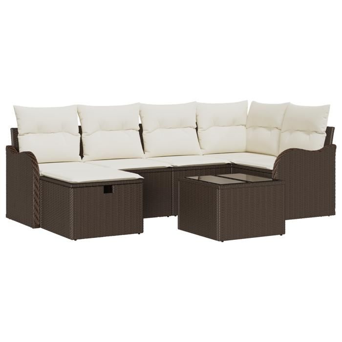 Ensemble de Canapés de Jardin vidaXL de 7 pièces avec Coussins Marron Poly Rattan, Canapé de Jardin 2 Places vidaXL 3360319
