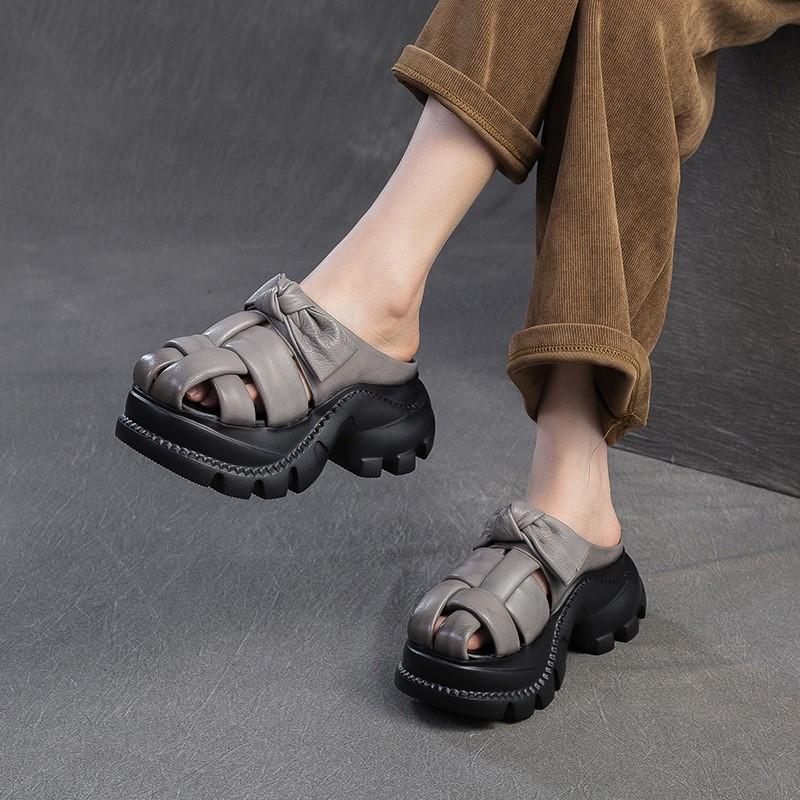 Fashion GKTINOO Retro Height Increasing Genuine Leather Slippers 2025 Summer New Hollow-out Lightweight Women's Platform Shoes